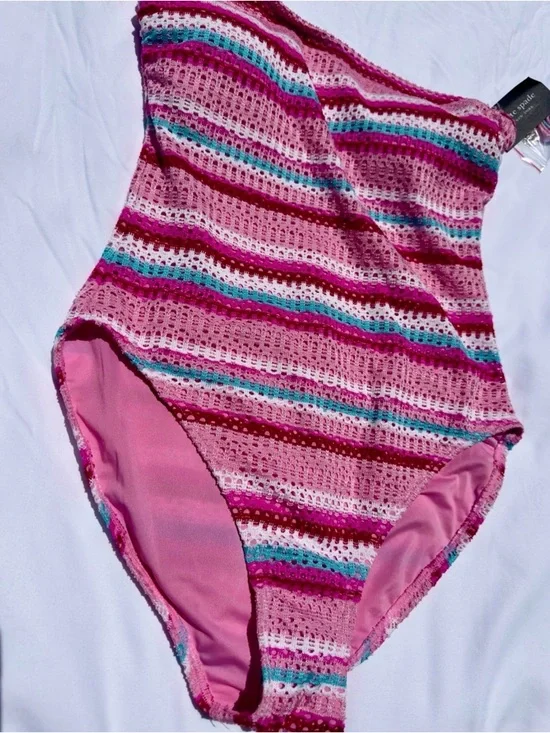 Kate Spade Bandeau One Piece Swimsuit Pink Stripe Eyelet Sz M NWT - Picture 7 of 7